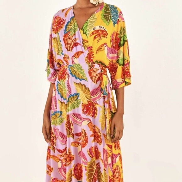 Farm Rio Tropical Mixed Beaks & Bananas Maxi Wrap Dress Size XL Multicolored - Picture 2 of 16